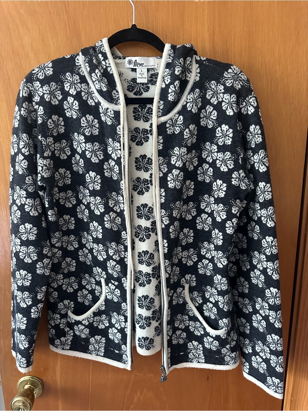 Neve Designs Charcoal Black White Merino Wool Floral Full Zip Hoodie L - Picture 5 of 10